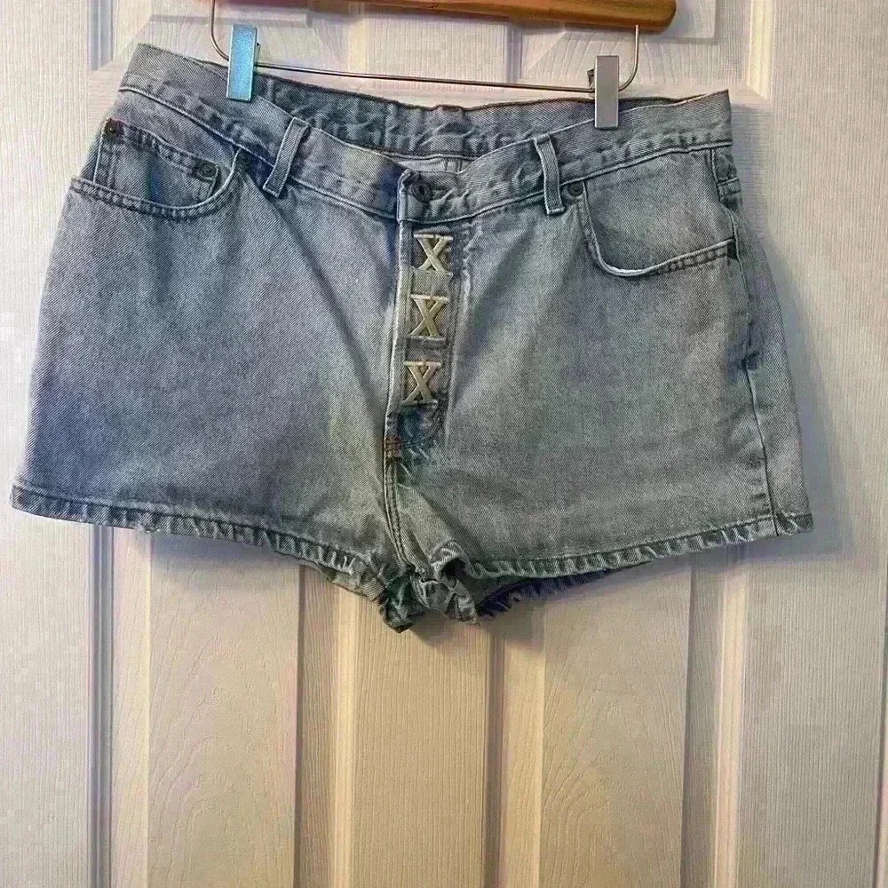 High-Rise Light Blue Denim Jean Shorts with Decorative Button Fly